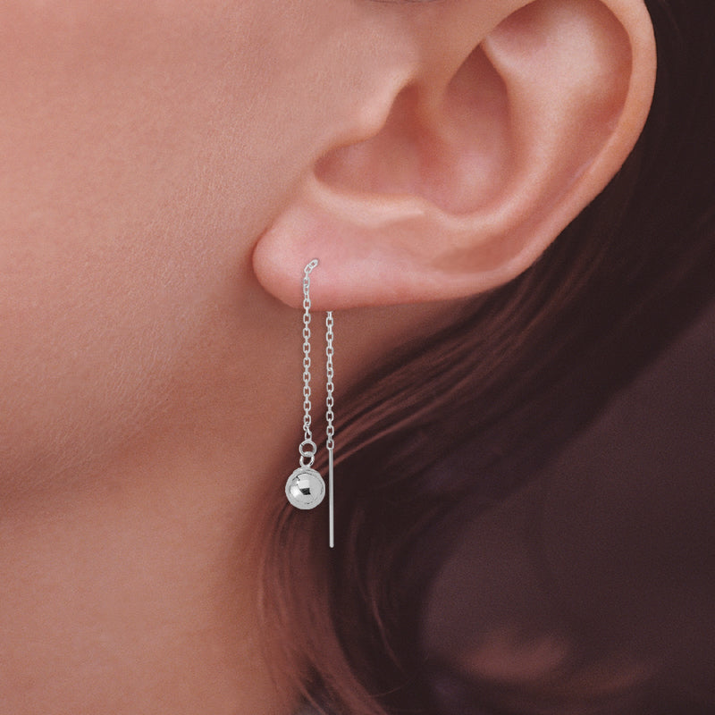 14k White Gold 7mm Bead Dangle Threader Earrings