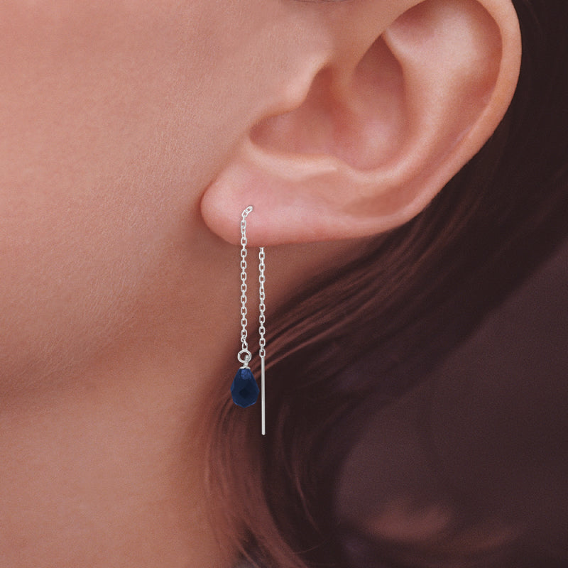 Silver Faceted Teardrop Birthstone Cable Link Threader Earrings