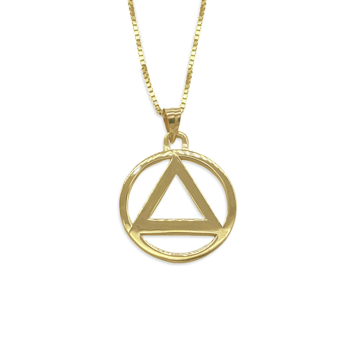 Gold Sobriety Pendant - AA Recovery Charm - Small Size 18.50mm - 14kt. Yellow Gold w Box Chain 14kt. Gold