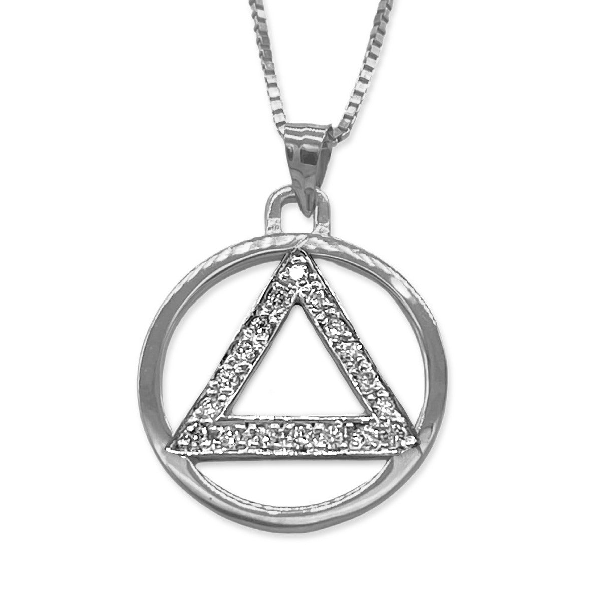 Diamond Sobriety Pendant - AA Recovery Charm - Large Size 18.50mm - 14kt. White Gold
