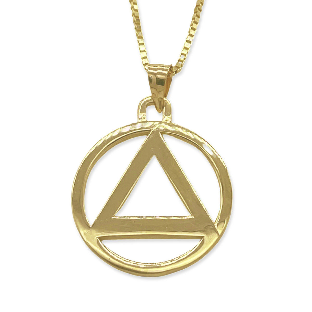 Gold Sobriety Pendant - AA Recovery Charm - Large Size 18.50mm - 14kt. Yellow Gold w Box Chain in 14kt. Gold