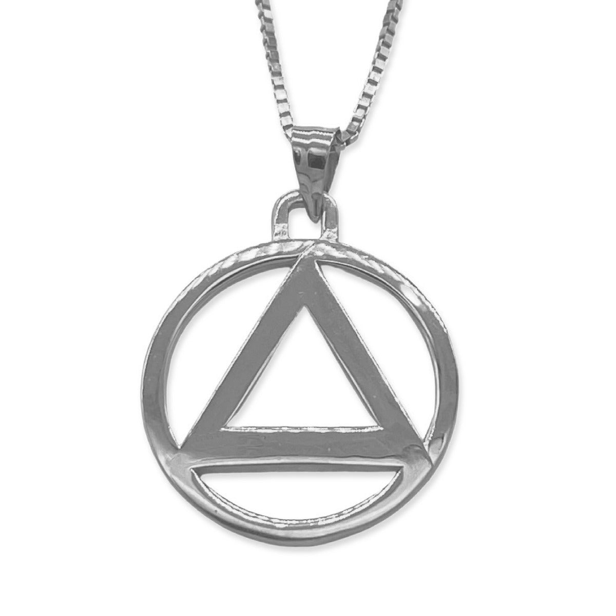 Gold Sobriety Pendant - AA Recovery Charm - Large Size 18.50mm - 14kt. White Gold with 18 inch Box Chain 14kt. Gold