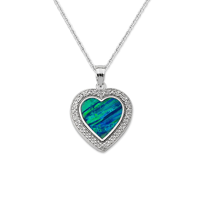 Inlaid Blue Opal Cubic Zirconia Accent Pendant Necklace Sterling Silver