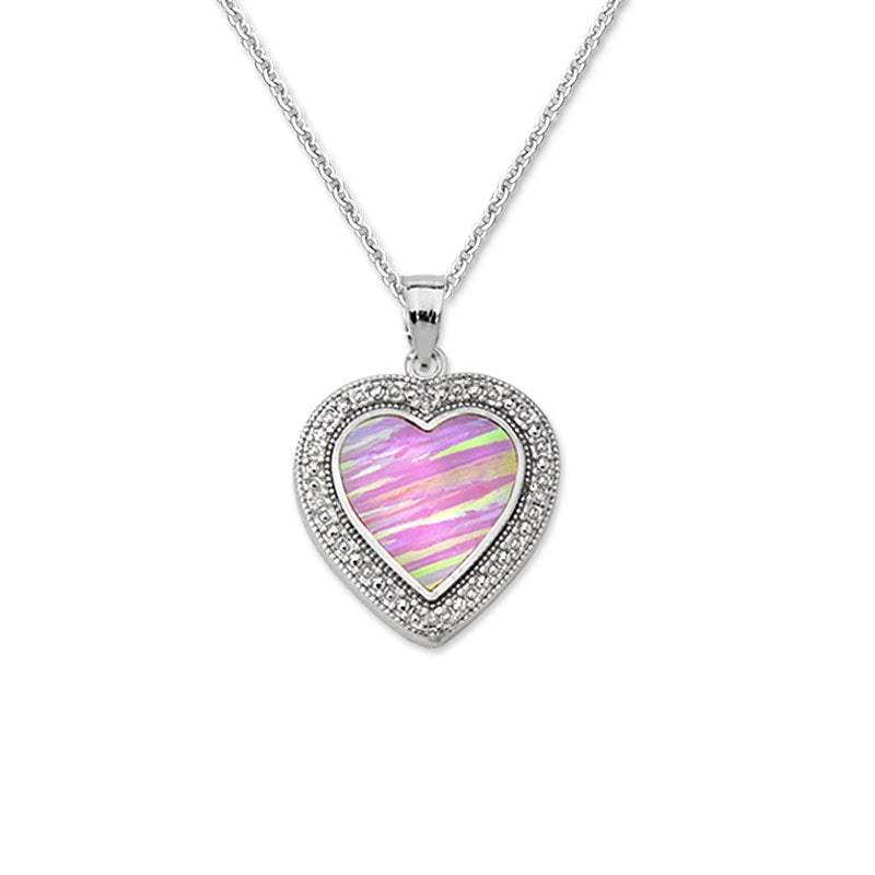 Inlaid Pink Opal Cubic Zirconia Accent Pendant Necklace Sterling Silver