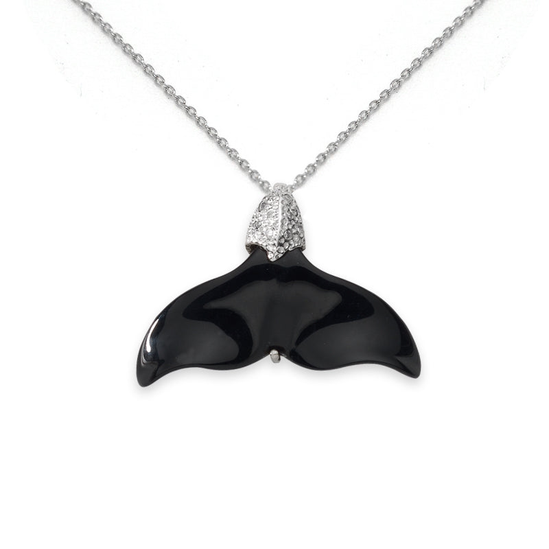 Whale Tail Pendant Genuine Black Onyx Diamonds Accent 0.05ct. Twt. 14k White Gold