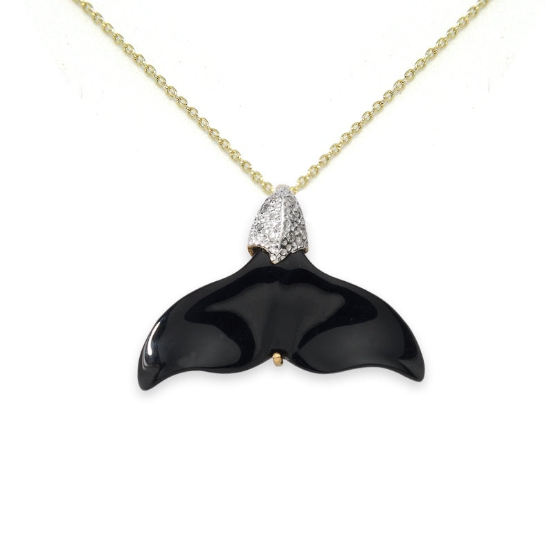 Whale Tail Pendant Genuine Black Onyx Diamonds Accent 0.05ct. Twt. 14k Yellow Gold