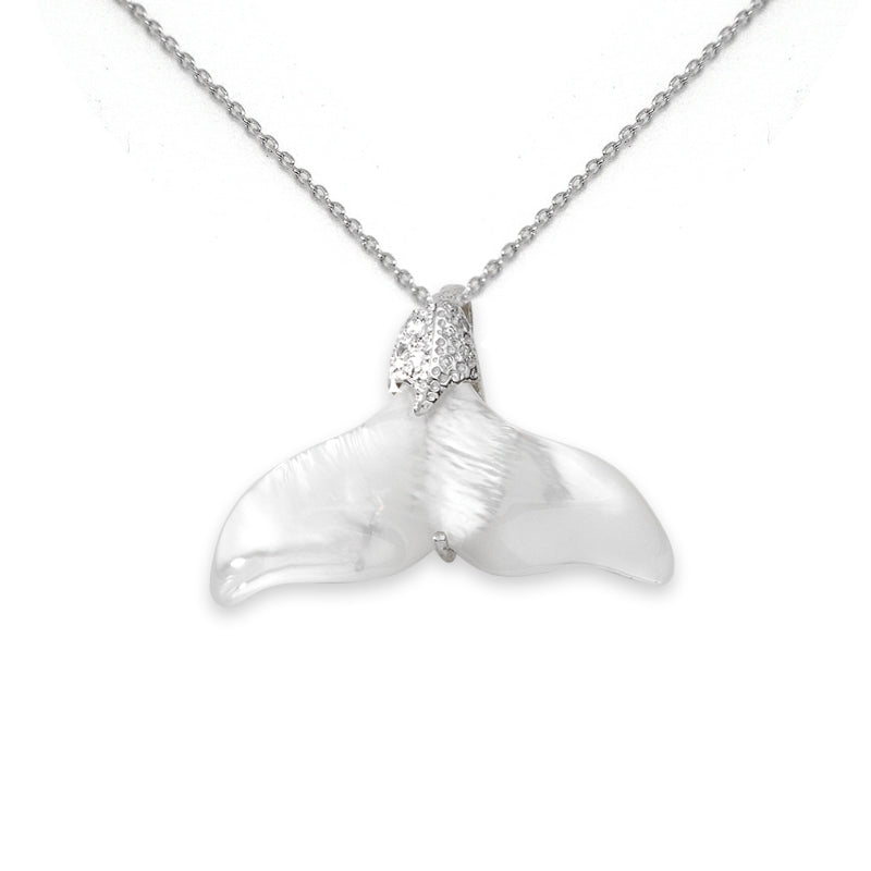 Whale Tail Pendant Genuine White Mother of Pearl Diamonds Accent 0.05ct. Twt. 14k White Gold