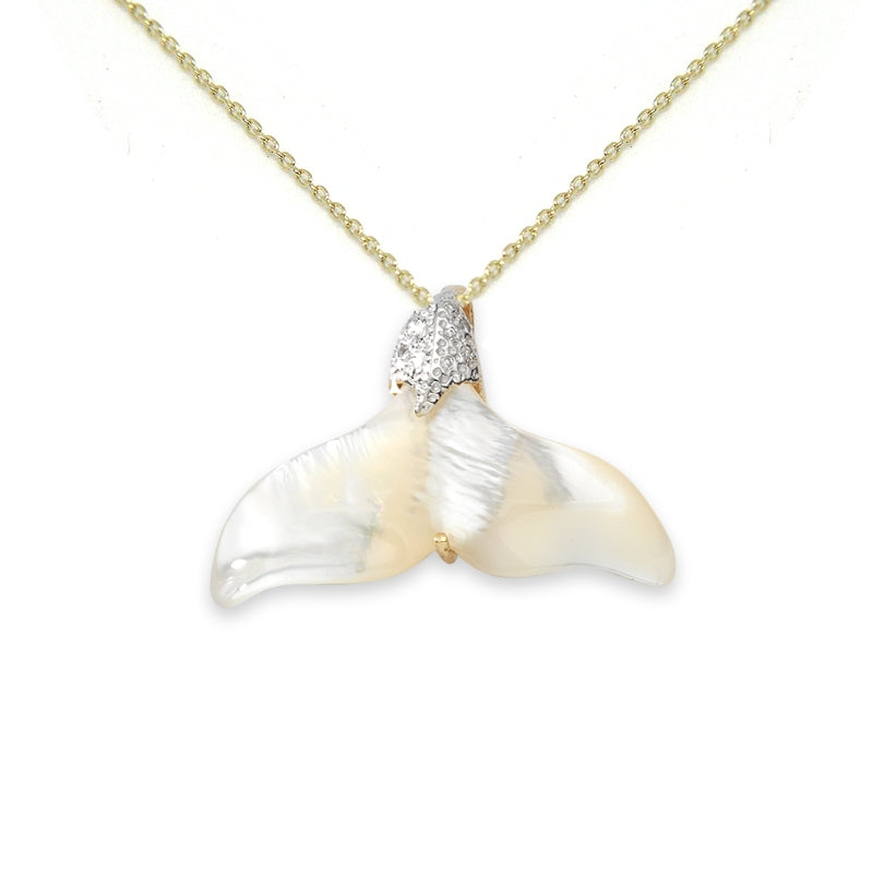 Whale Tail Pendant Genuine White Mother of Pearl Diamonds Accent 0.05ct. Twt. 14k Yellow Gold