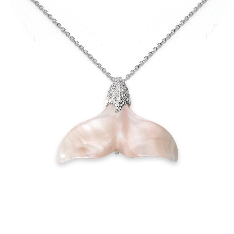 Whale Tail Pendant Genuine Pink Mother of Pearl Diamonds Accent 0.05ct. Twt. 14k White Gold