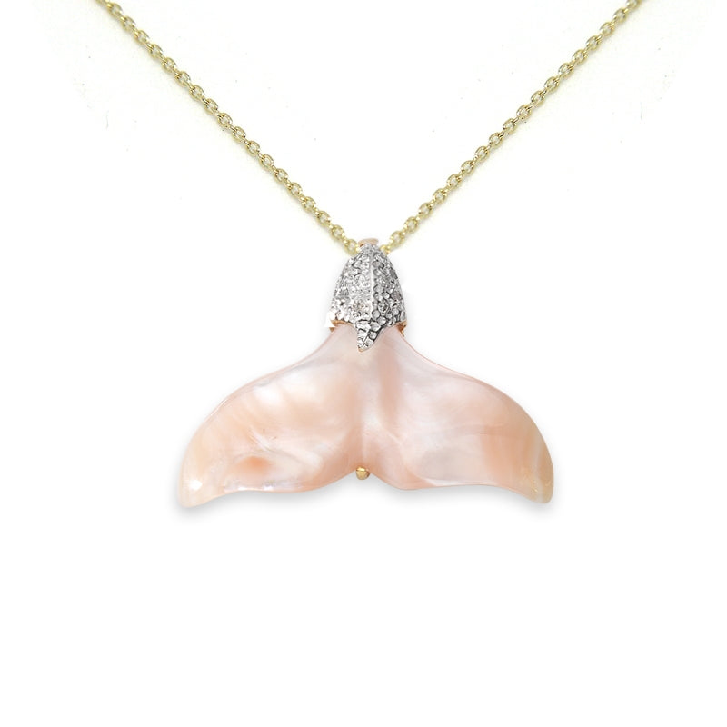 Whale Tail Pendant Genuine Pink Mother of Pearl Diamonds Accent 0.05ct. Twt. 14k Yellow Gold