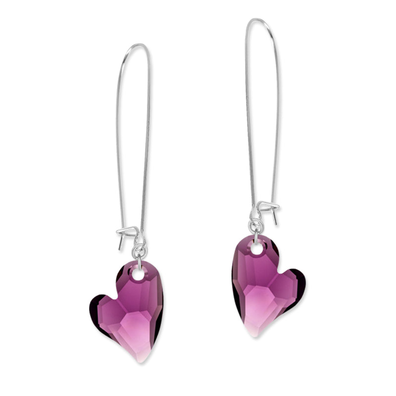 Silver Swarovski Amethyst Crystal Hearts Kidney Wire Earrings