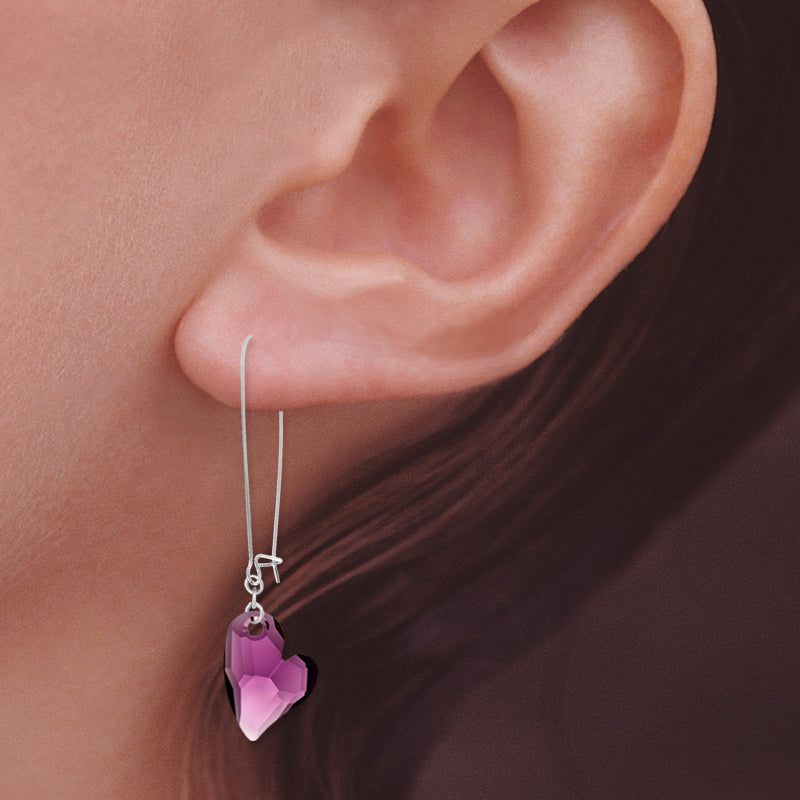 Silver Swarovski Amethyst Crystal Hearts Kidney Wire Earrings