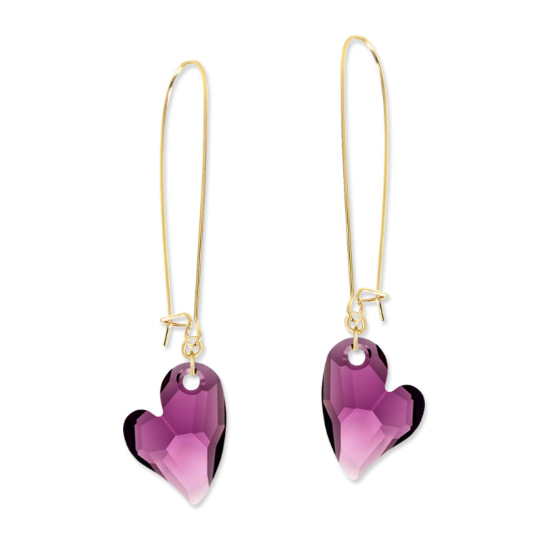 Gold Over Silver Swarovski Amethyst Crystal Hearts Kidney Wire Earrings