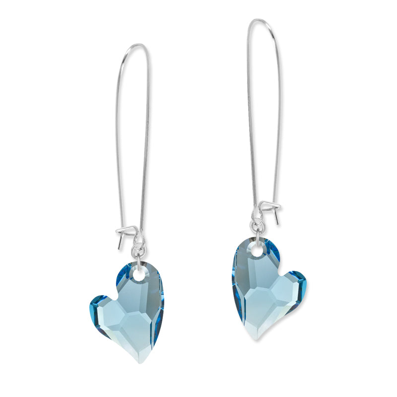 Silver Swarovski Aqua Crystal Hearts Kidney Wire Earrings