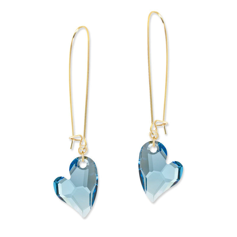 Gold Over Silver Swarovski Aqua Crystal Hearts Kidney Wire Earrings