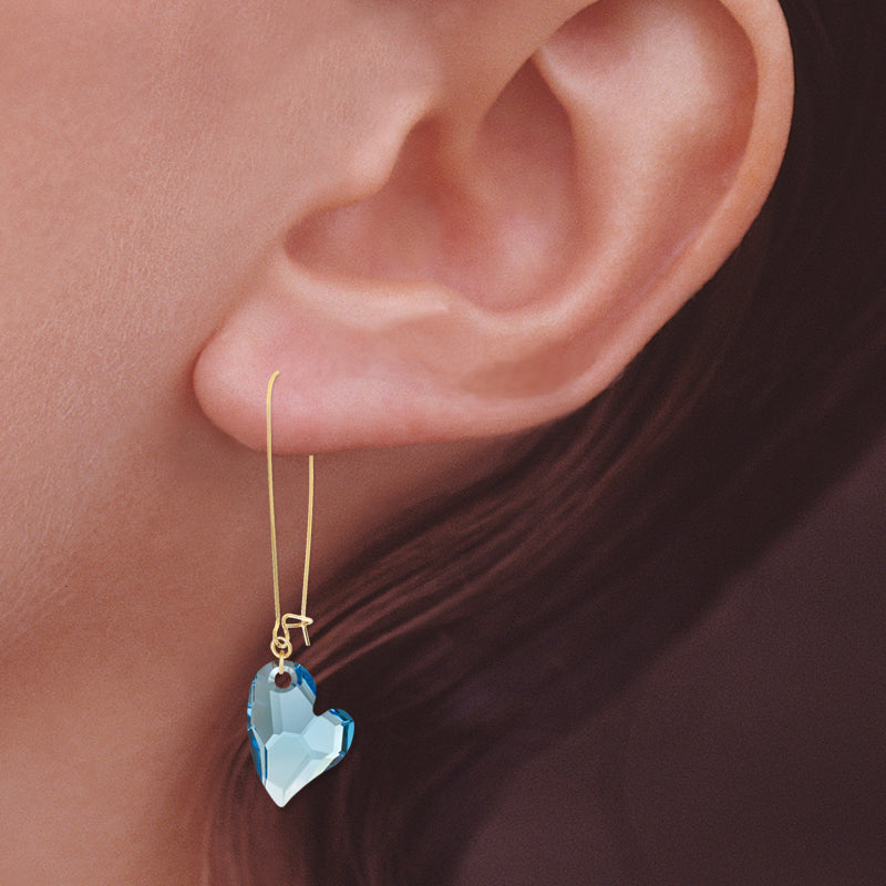 Gold Over Silver Swarovski Aqua Crystal Hearts Kidney Wire Earrings