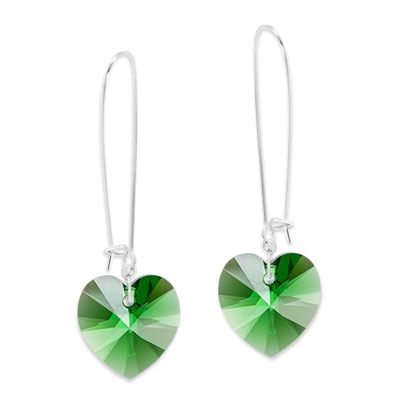 Silver Swarovski Emerald Crystal Hearts Kidney Wire Earrings