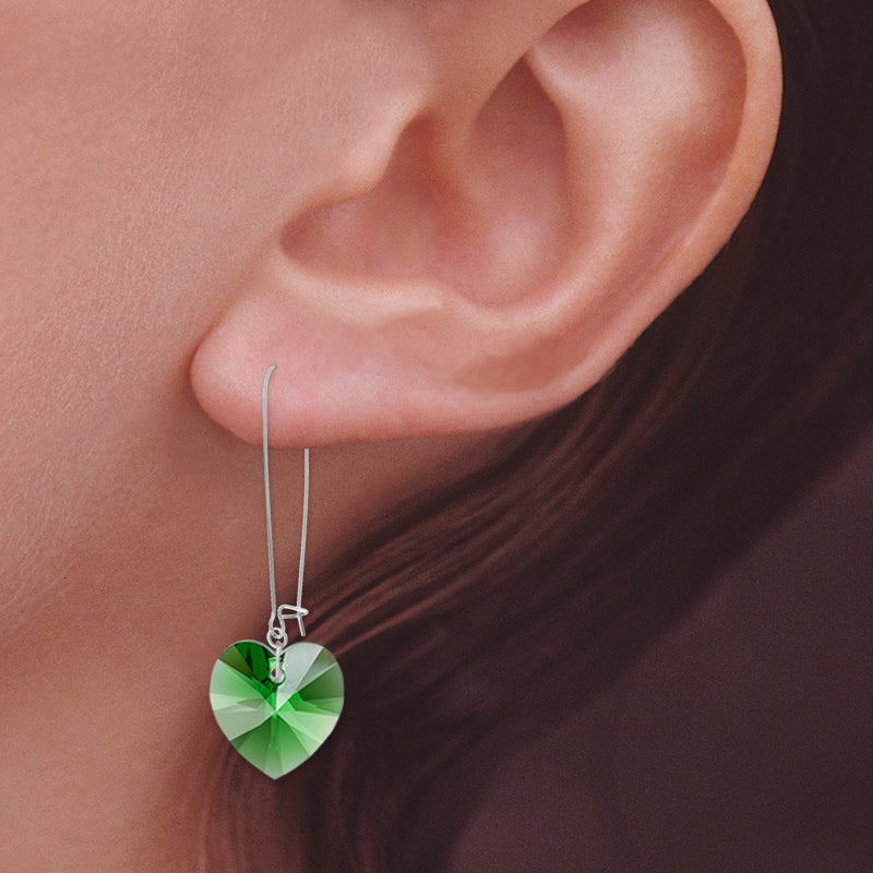 Silver Swarovski Emerald Crystal Hearts Kidney Wire Earrings