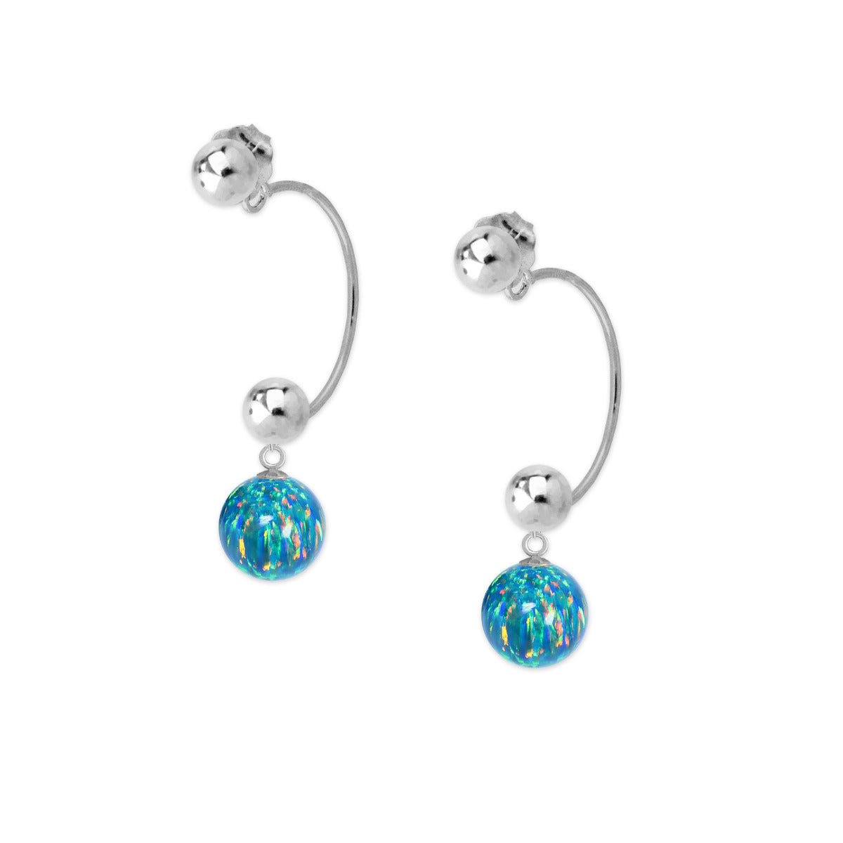 Opal Bead Dangle Cioro Illusion Polished Hoop Sterling Silver Earrings