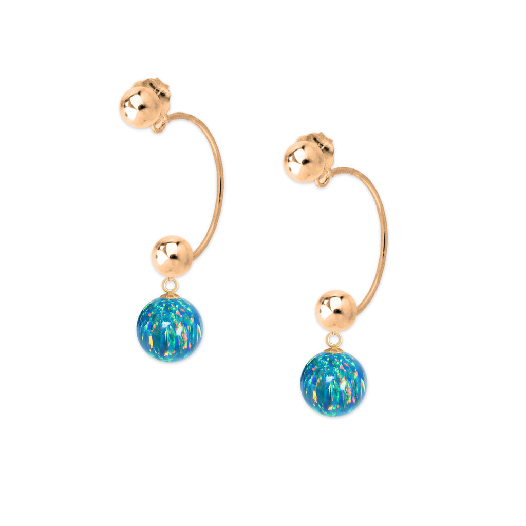 Blue Opal Bead Dangle Cioro Illusion Polished Hoop Gold Over Sterling Silver Earrings