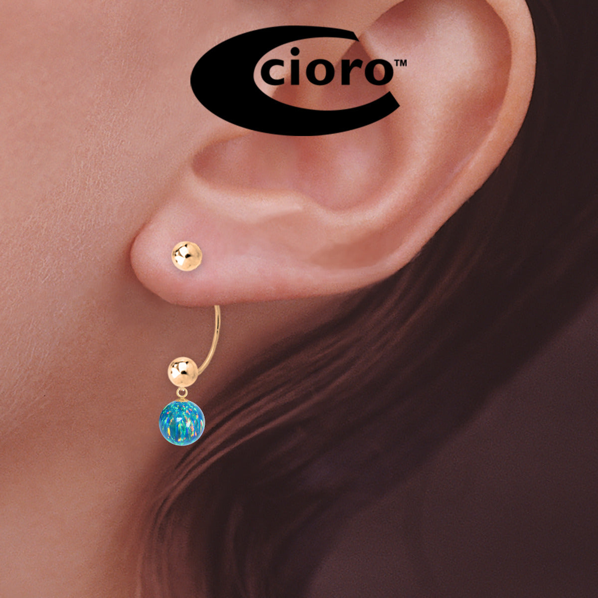 Opal Bead Dangle Cioro Illusion Polished Hoop Sterling Silver Earrings