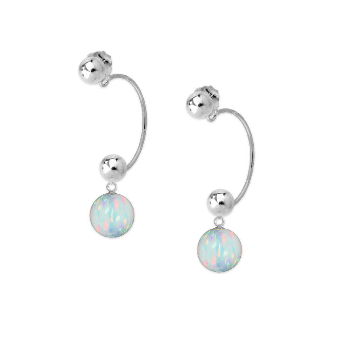 White Opal Bead Dangle Cioro Illusion Polished Hoop Sterling Silver Earrings