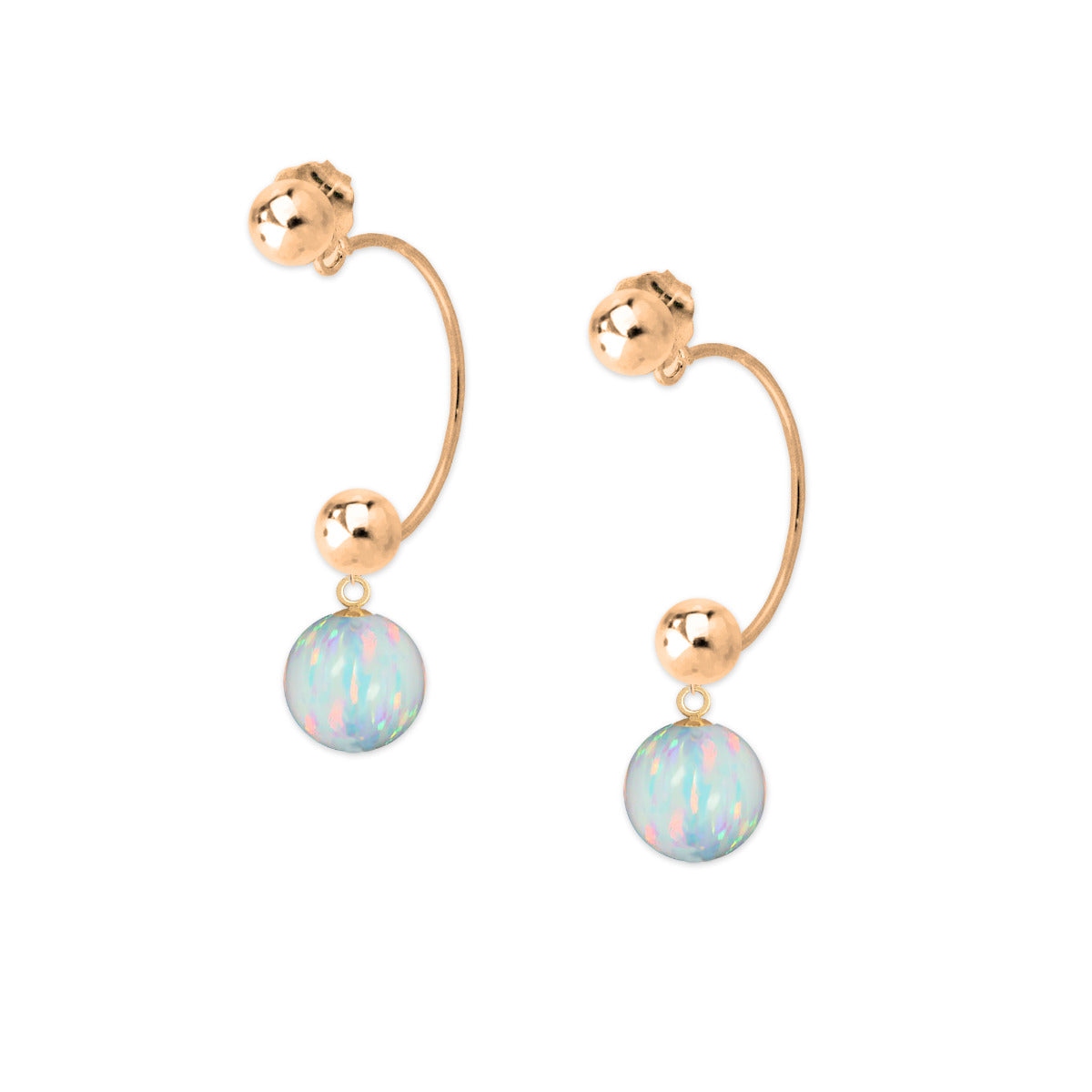 White Opal Bead Dangle Cioro Illusion Polished Hoop Gold Over Sterling Silver Front to Back Earrings