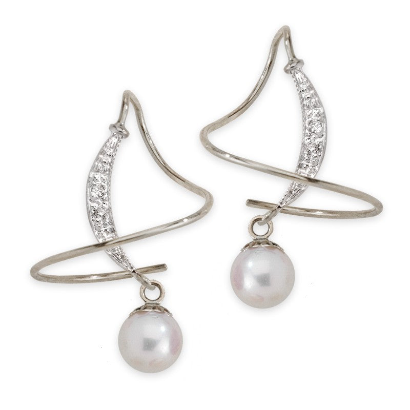 14k White Gold Diamond Accent Round Pearl Earspirals Earrings