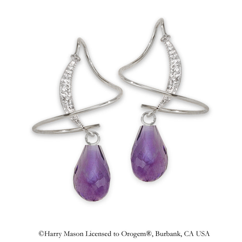Earspirals spiral threader earrings with genuine Amethyst briolette drop and cubic zirconia accents in rhodium over brass