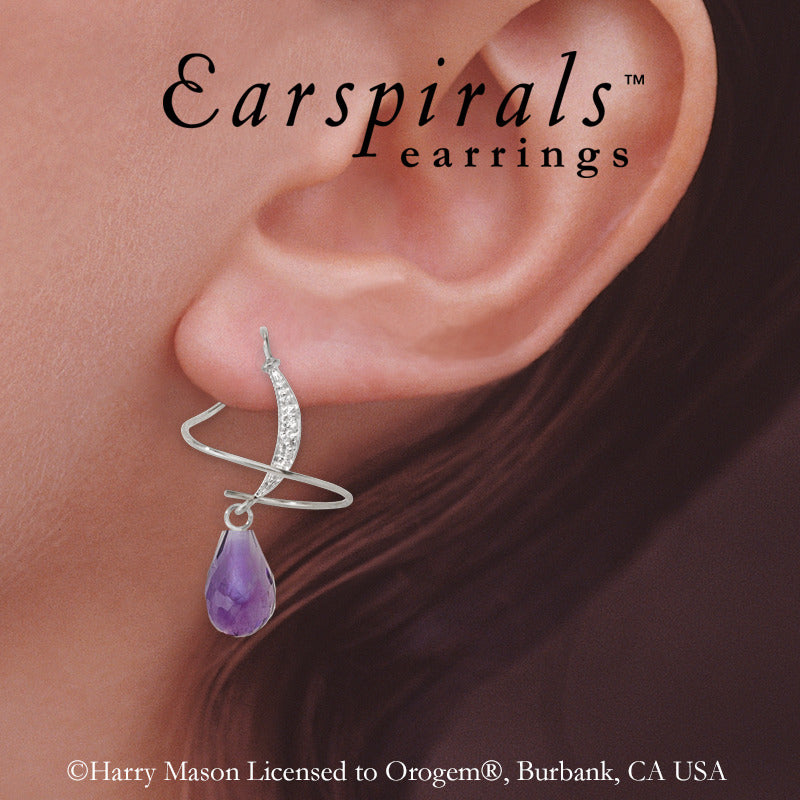 Earspirals spiral threader earrings worn on ear with Amethyst briolette drop and cubic zirconia half moon accent in rhodium finish