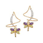 Spiral Earrings with Dragonfly Dangle with Genuine Amethyst and Peridot and Cubic Zirconia Accent Product Shot
