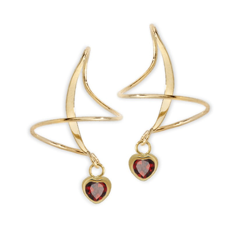 Yellow Gold & Garnet Dangle Earspirals Earrings