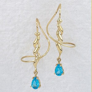 Earspiral Earrings by Harry Mason - Pear Shape Blue Topaz Dangle Triple Swirls - 14k Yellow Gold