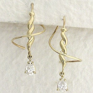 Earspiral Earrings by Harry Mason - Pear Shape Cubic Zirconia Dangle Triple Swirls - 14k Yellow Gold