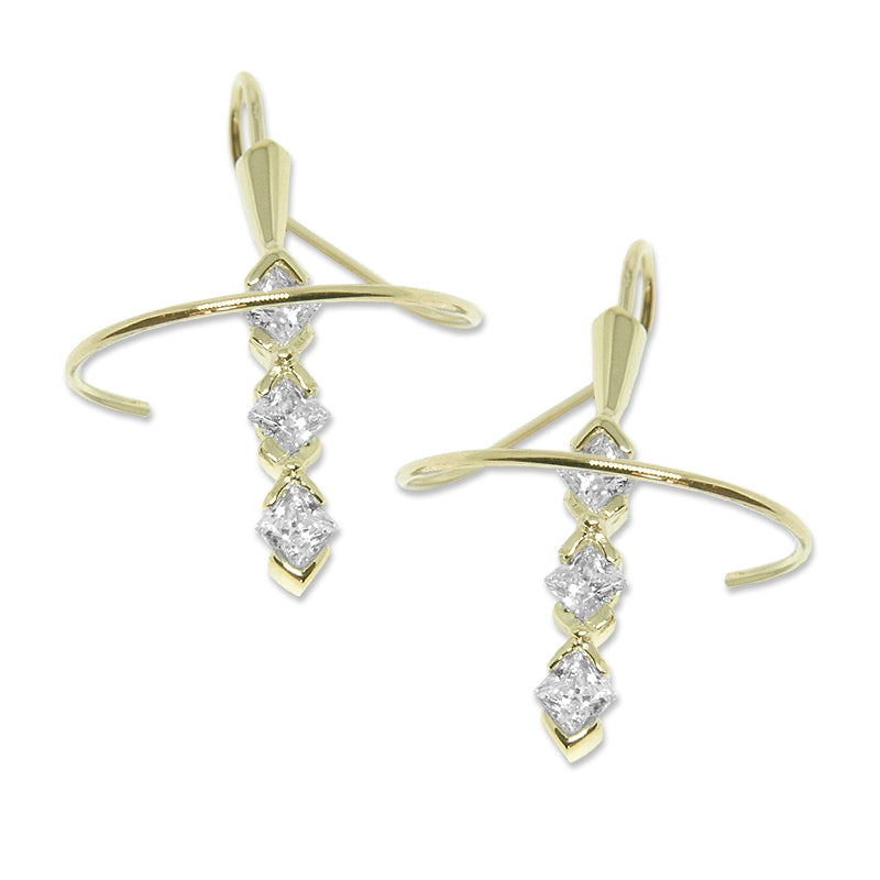 Earspirals Earrings Triple Princess Cut Diamonds 14k Yellow Gold