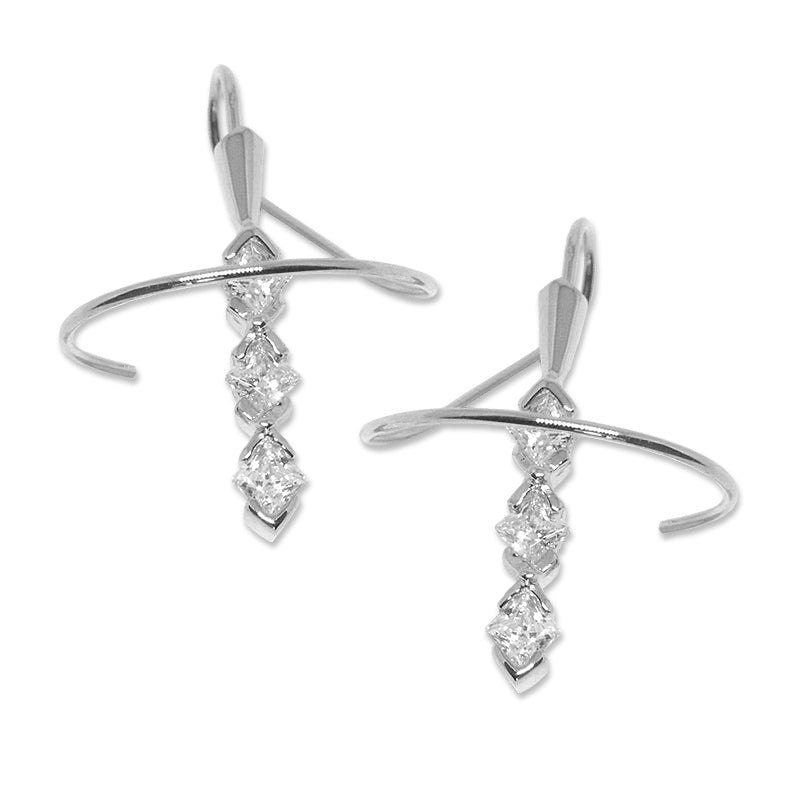 Earspirals Earrings Triple Princess Cut Cubic Zirconia 14k White Gold