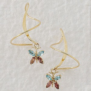 Earspiral Earrings by Harry Mason - Amethyst & Blue Topaz Butterfly Dangle - 14k Yellow Gold