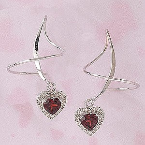 Earspiral Earrings by Harry Mason - Heart Shape Garnet & Diamond Dangle - 14k White Gold