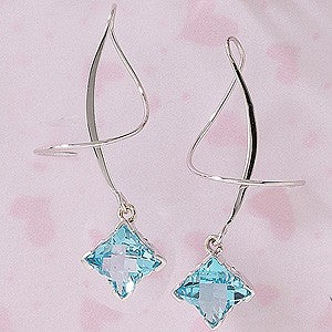 Earspiral Earrings by Harry Mason - Clover Cut Blue Topaz Dangle - 14k White Gold