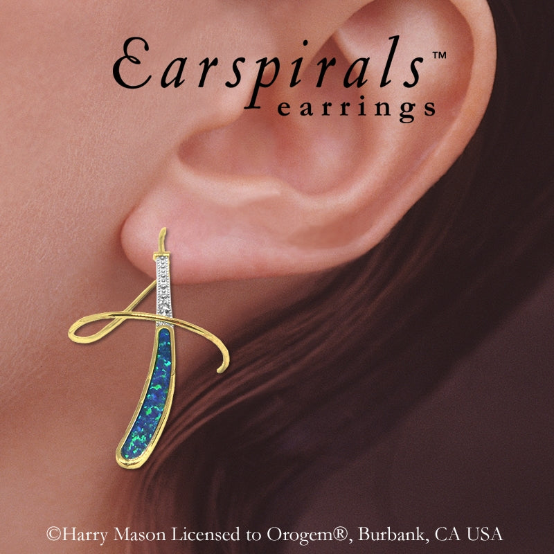 Earspirals Earrings Inlaid Blue Opal Diamond Accent in 14k Yellow Gold