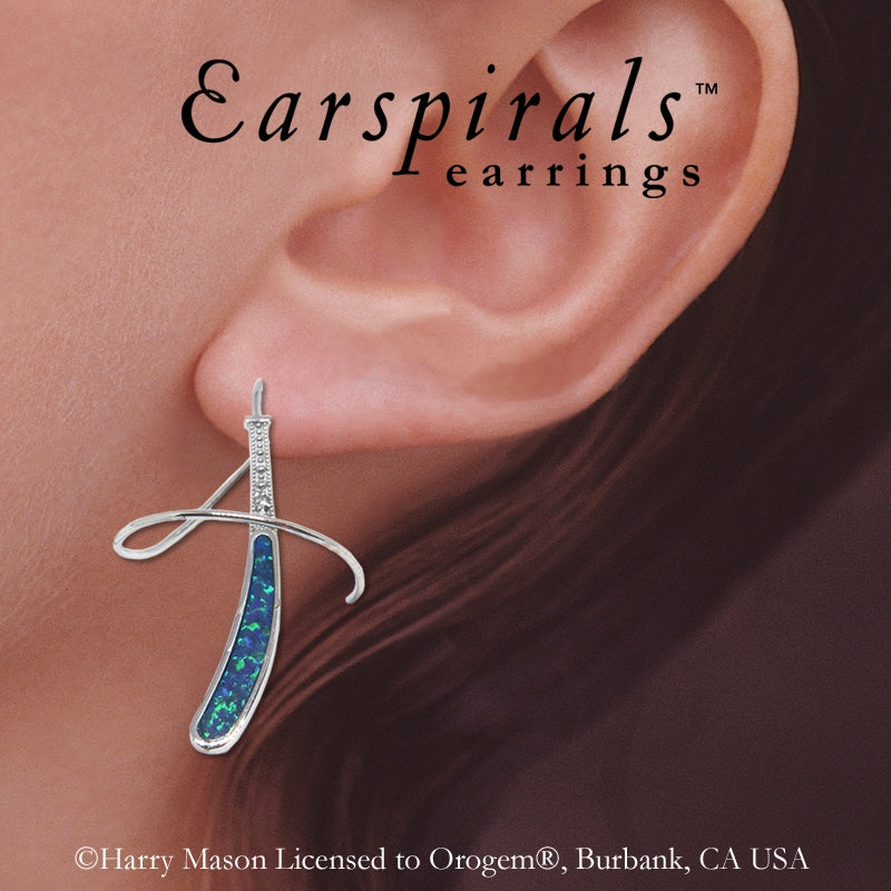 Earspirals Earrings Inlaid Blue Opal Diamond Accent in 14k White Gold