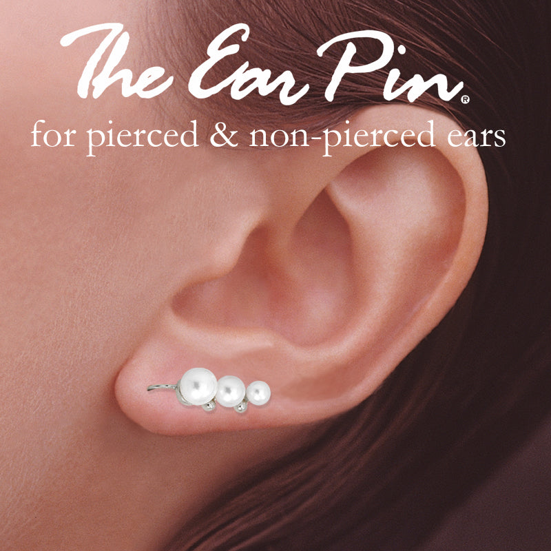 White Gold Ear Climber Earrings - Triple Graduating Pearls - Ear Pin - 14k White Gold
