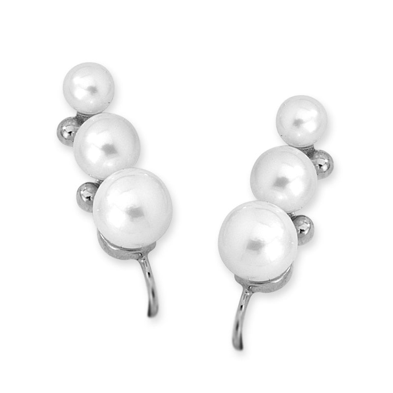 Triple Graduating Pearls Earpin Earrings 14k White Gold