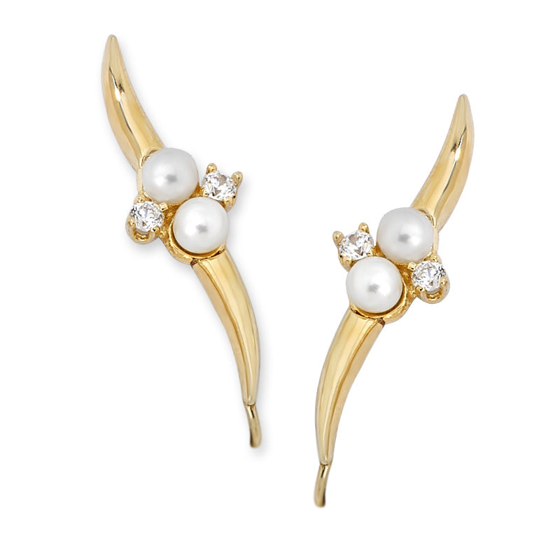 14k Yellow Gold Pearl and Cbic Zirconia Ear PIn Earrings