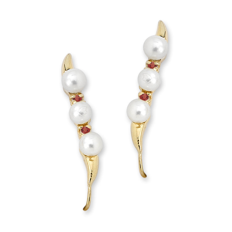 14k Yellow Gold Triple Pearl & Rubies Ear Pin Earrings