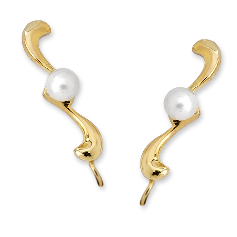 Pearl Solitaire Swirls Ear Pin Earrings in 14k Yellow Gold 