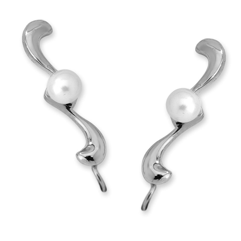 Pearl Ear Climber Earrings - Solitaire Swirls - Ear Pin - 14k White Gold