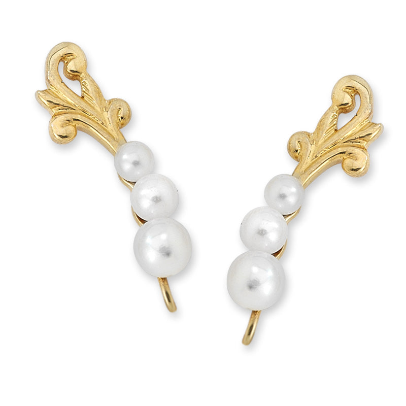 Triple Graduating Pearls Floral Ear Pin Earrings in 14k Yellow Gold 