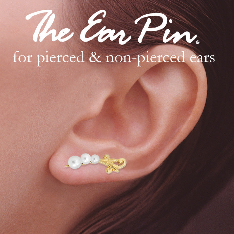 Gold Ear Climber Earrings - Triple Graduating Pearls Floral - Ear Pin - 14k Yellow Gold