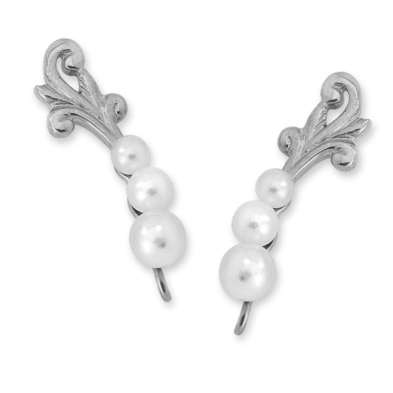 Triple Graduating Pearls Floral Ear Pin Earrings in 14k Yellow Gold 